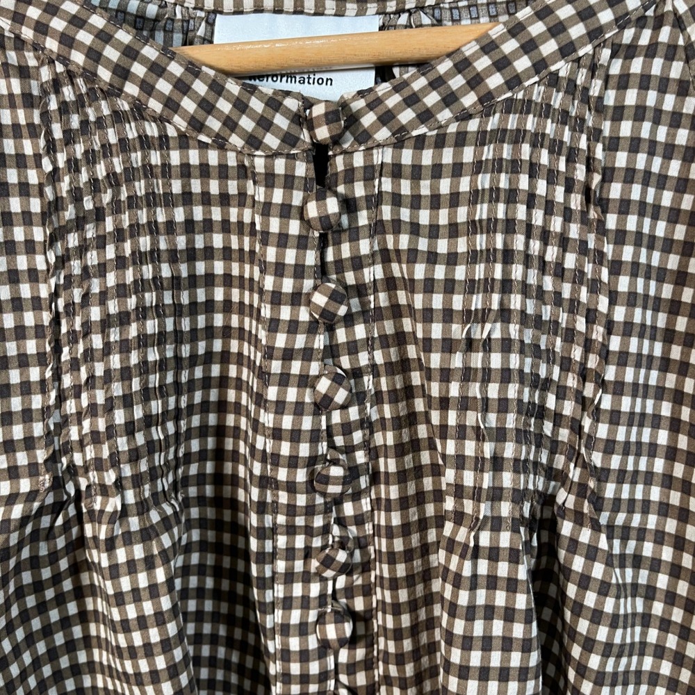 Reformation Adeline Top Anzo Check Brown Gingham Puff Sleeve Blouse Small - Picture 3 of 7